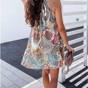 SLNY Paisley Mini Dress in Teal, Coral & Cream